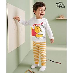 Babyhug Disney Single Jersey Knit Full Sleeves T-Shirt & Striped Pyjama Nightsuit with Winnie The Pooh Graphic - White