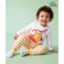 Babyhug Disney Single Jersey Knit Full Sleeves T-Shirt & Striped Pyjama Nightsuit with Winnie The Pooh Graphic - White