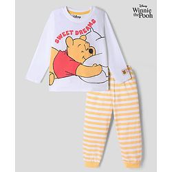 Babyhug Disney Single Jersey Knit Full Sleeves T-Shirt & Striped Pyjama Nightsuit with Winnie The Pooh Graphic - White