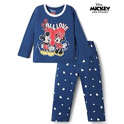 Babyhug Disney Single Jersey Knit Full Sleeves T-Shirt & Pyjama Night Suit with Heart & Minnie Mouse Family Graphics - Navy Blue