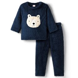 Babyhug Cotton Mixes Velour Knit Full Sleeves T-Shirt & Pajama Night Suit with Bear Patch - Navy Blue