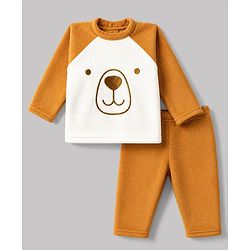 Babyhug Cotton Knit Full Sleeves T-Shirt & Pyjama Winter Wear Night Suit with Bear Embroidery - Orange