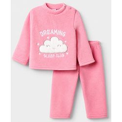 Babyhug Velour Cotton Mix Knit Full Sleeves Winter Wear Night Suit With Text & Cloud Print - Pink