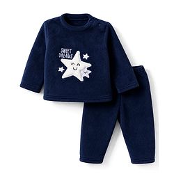 Babyhug Velour Knit Full Sleeves T-Shirt & Pyjama Winter Wear Night Suit with Star Patch - Navy Blue