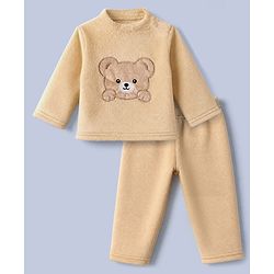 Babyhug Velour Full Sleeves T-Shirt & Pajama Set Nightwear with Bear Patch - Brown
