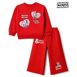 Babyhug Disney 100% Cotton Terry Knit Full Sleeves T-Shirt and Pant Set with Minnie Mouse and Daisy Duck Graphic - Red