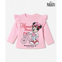 Babyhug Disney 100% Cotton Knit Full Sleeves T-Shirt with Frill Sleeves and Minnie Mouse Print - Light Pink