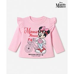 Babyhug Disney 100% Cotton Knit Full Sleeves T-Shirt with Frill Sleeves and Minnie Mouse Print - Light Pink