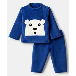 Babyhug Cotton Mixes Velour Full Sleeves T-Shirt & Pajama Night Suit with Polar Bear Patch - Navy Blue