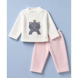 Babyhug Cotton Mixes Velour Full Sleeves T-Shirt & Pajama Night Suit with Kitten Patch - White