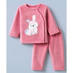 Babyhug Cotton Mixes Knit Full Sleeves Front Open T-Shirt & Pajama Night Suit with Bunny Patch - Pink