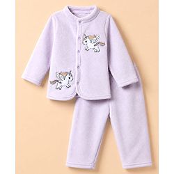 Babyhug Cotton Mixes Knit Full Sleeves Front Open Winter Night Suit with Unicorn Patch - Lilac