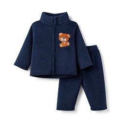 Babyhug Cotton Mixes Velour Knit Full Sleeves Front Open T-Shirt & Pajama Winter Night Suit with Teddy Bear Patch - Navy Blue