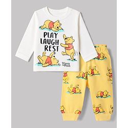 Babyhug Disney 100% Cotton Single Jersey Knit Full Sleeves T-Shirt & Pajama Night Suit with Winnie the Pooh Graphic Print - White & Yellow