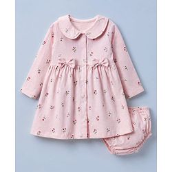 Babyhug Cotton Interlock Knit Front Open Full Sleeves Frock and Bloomer with Floral Print and Bow Applique - Pink