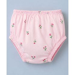 Babyhug Cotton Interlock Knit Front Open Full Sleeves Frock and Bloomer with Floral Print and Bow Applique - Pink