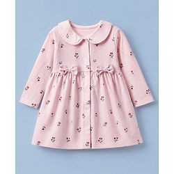 Babyhug Cotton Interlock Knit Front Open Full Sleeves Frock and Bloomer with Floral Print and Bow Applique - Pink