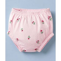 Babyhug Cotton Interlock Knit Front Open Full Sleeves Frock and Bloomer with Floral Print and Bow Applique - Pink
