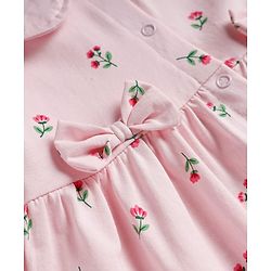 Babyhug Cotton Interlock Knit Front Open Full Sleeves Frock and Bloomer with Floral Print and Bow Applique - Pink