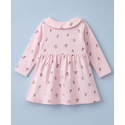 Babyhug Cotton Interlock Knit Front Open Full Sleeves Frock and Bloomer with Floral Print and Bow Applique - Pink