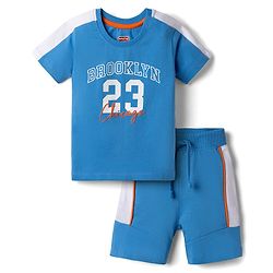 Babyhug Single Jersey Knit Half Sleeves T-Shirt & Shorts Set Brooklyn Print - Blue
