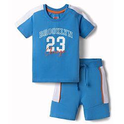 Babyhug Single Jersey Knit Half Sleeves T-Shirt & Shorts Set Brooklyn Print - Blue