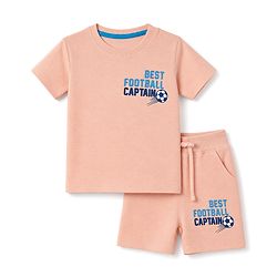 Babyhug 100% Cotton Knit Half Sleeves Best Football Captain Printed Co-Ords T-Shirt & Shorts Set - Peach