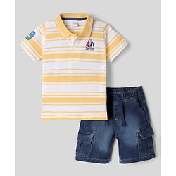 Babyhug Single Jersey Knit Denim Half Sleeves Striped T-Shirt & Shorts With Boat Print - Yellow & Navy Blue