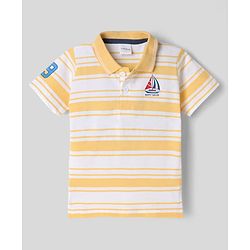 Babyhug Single Jersey Knit Denim Half Sleeves Striped T-Shirt & Shorts With Boat Print - Yellow & Navy Blue