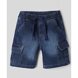 Babyhug Single Jersey Knit Denim Half Sleeves Striped T-Shirt & Shorts With Boat Print - Yellow & Navy Blue