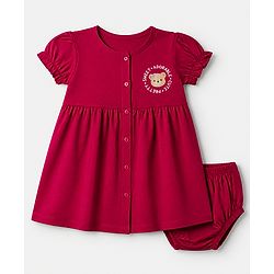 Babyhug Cotton Single Jersey Knit Frock and Bloomer with Half Sleeves and Bear Print in Red