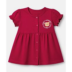 Babyhug Cotton Single Jersey Knit Frock and Bloomer with Half Sleeves and Bear Print in Red
