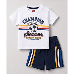 Babyhug 100% Cotton Knit Half Sleeves Text Printed T-Shirt & Shorts Set - White & Navy Blue
