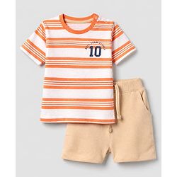 Babyhug 100% Cotton Knit Half Sleeves T-Shirt and Shorts with Stripes and Team Player Print - Orange