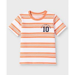 Babyhug 100% Cotton Knit Half Sleeves T-Shirt and Shorts with Stripes and Team Player Print - Orange