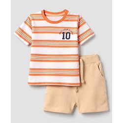 Babyhug 100% Cotton Knit Half Sleeves T-Shirt and Shorts with Stripes and Team Player Print - Orange