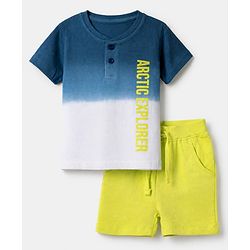 Babyhug 100% Cotton Single Jersey Knit Half Sleeves T-Shirt and Shorts Set With Text Print - Blue & Yellow