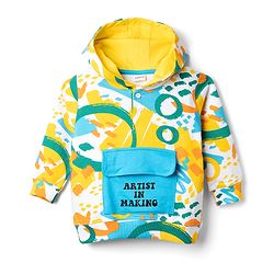 Babyhug 100% Cotton Terry Knit Full Sleeves Hooded T-Shirt & Jogger Set Abstract Print - Yellow Blue