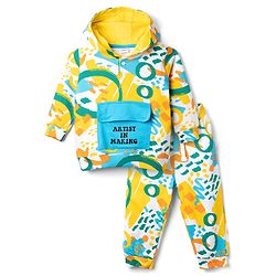 Babyhug 100% Cotton Terry Knit Full Sleeves Hooded T-Shirt & Jogger Set Abstract Print - Yellow Blue