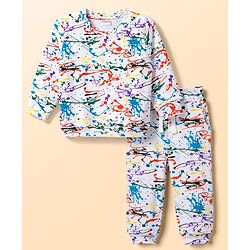 Babyhug 100% Cotton Terry Knit Full Sleeves Co-Ords Abstract Printed T-Shirt & Pant Set - White