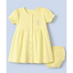 Babyhug Premium Cotton Knit Half Sleeves Frock and Bloomer with Cherry Print in Yellow for 0-3 Months