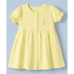 Babyhug Premium Cotton Knit Half Sleeves Frock and Bloomer with Cherry Print in Yellow for 0-3 Months