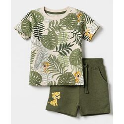 Babyhug 100% Cotton Single Jersey Knit Half Sleeves T-Shirt and Short with Jungle Safari Tiger Print - Olive Green
