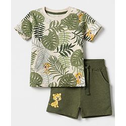 Babyhug 100% Cotton Single Jersey Knit Half Sleeves T-Shirt and Short with Jungle Safari Tiger Print - Olive Green