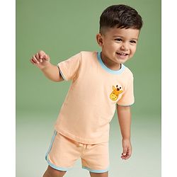 Babyhug 100% Cotton Single Jersey Knit Half Sleeves T-Shirt and Shorts with Giraffe Patch - Peach