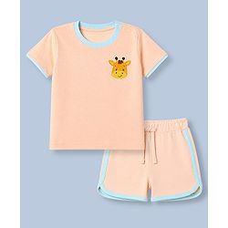 Babyhug 100% Cotton Single Jersey Knit Half Sleeves T-Shirt and Shorts with Giraffe Patch - Peach