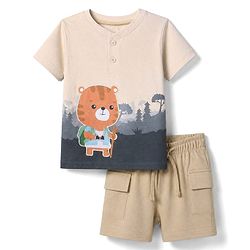Babyhug 100% Cotton Single Jersey Knit Half Sleeves Tiger Printed T-Shirt & Shorts Set - Beige