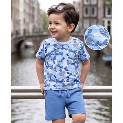 Babyhug 100% Cotton Single Jersey Knit Half Sleeves T-Shirt & Shorts Set With Floral Print - Light Blue