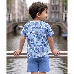 Babyhug 100% Cotton Single Jersey Knit Half Sleeves T-Shirt & Shorts Set With Floral Print - Light Blue