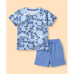Babyhug 100% Cotton Single Jersey Knit Half Sleeves T-Shirt & Shorts Set With Floral Print - Light Blue